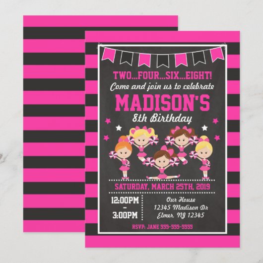 Cheerleader Verjaardag Uitnodiging / Roze & Zwart (Voorkant / Achterkant)