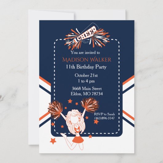 Cheerleader Verjaardagsfeest in Donkerblauw & Sina Kaart (Voorkant)