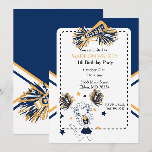 Cheerleader Verjaardagsfeest in Navy Blauw & Goud Kaart (Voorkant / Achterkant)