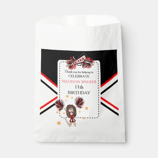 Cheerleader verjaardagsfeest zwart, rood, wit bedankzakje (Voorkant)