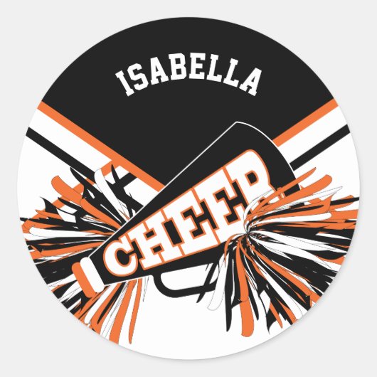 📣 Cheerleader - Zwart, Sinaasappel en Wit Ronde Sticker (Voorkant)