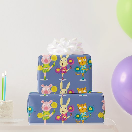 Cheerleading Dierentrio Pig Bunny en Kat Cadeaupapier