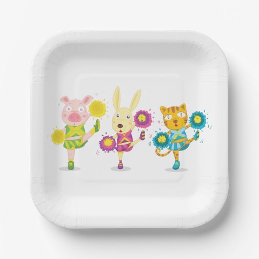 Cheerleading Dierentrio Pig Bunny en Kat Papieren Bordje (Voorkant)