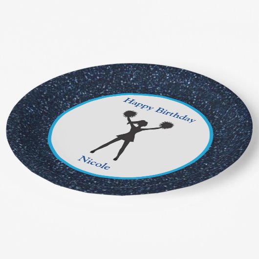 Cheerleading "Gelukkige Verjaardag" Blauwe Sparkle Papieren Bordje (Gekanteld)