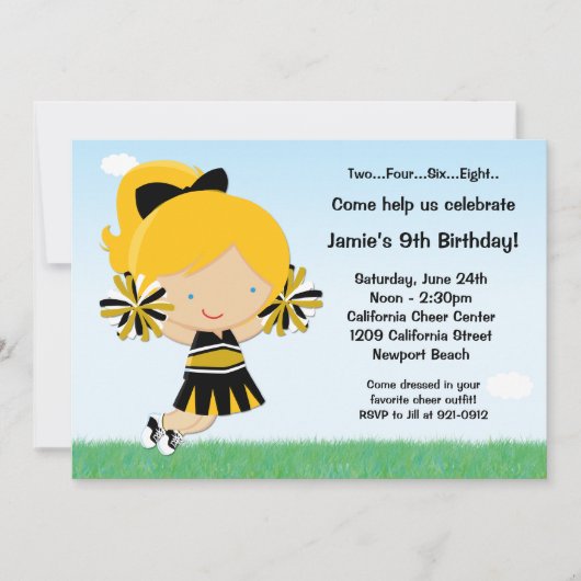 Cheerleading Girls Birthday Party Invitation Kaart (Voorkant)