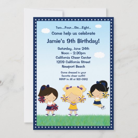 Cheerleading Girls Birthday Party Invitation Kaart (Voorkant)