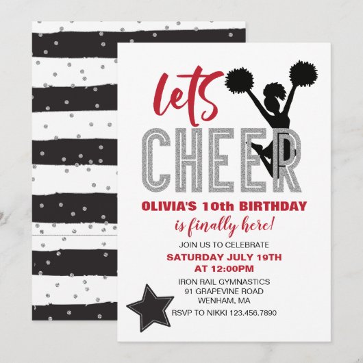 Cheerleading Red, Silver en Black Cheer Verjaardag Kaart (Voorkant / Achterkant)