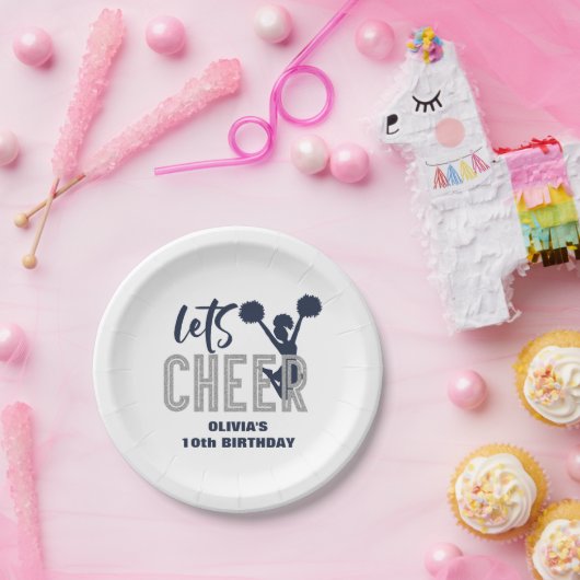 Cheerleading Silver en Navy Cheer Verjaardag Papieren Bordje (Feest)