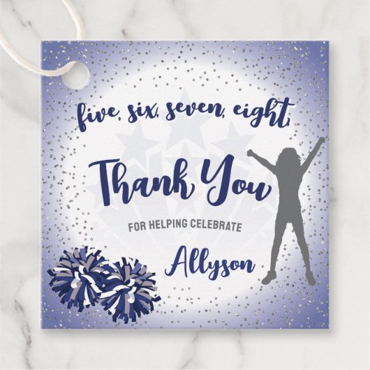 Cheerleading verjaardag Navy Blue Dank u Bedankjes Labels (Voorkant)