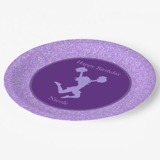 Cheerleading verjaardagsfeest Paarse Sparkle Papieren Bordje (Gekanteld)