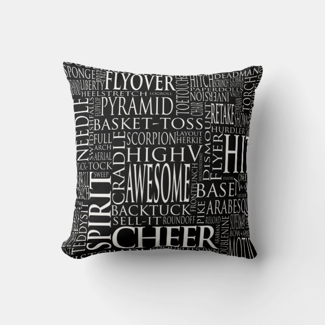 Cheerleading Word Cloud Pillow in zwart-wit Kussen (Voorkant)