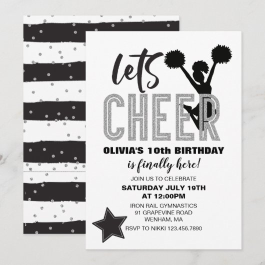 Cheerleading Zilver en Zwart Cheer Verjaardag Kaart (Voorkant / Achterkant)