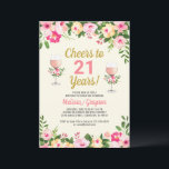 Cheers 21st Birthday Invitation Floral Kaart<br><div class="desc">Maak uw evenement gedenkwaardig met dit prachtige roze en gele bloemige ontwerp met een wazige roze wijnbril met versierde bloemen. Personaliseer je om het je eigen te maken!</div>