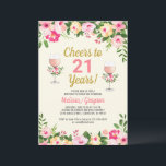 Cheers 21st Birthday Invitation Floral Kaart<br><div class="desc">Maak uw evenement gedenkwaardig met dit prachtige roze en gele bloemige ontwerp met een wazige roze wijnbril met versierde bloemen. Personaliseer je om het je eigen te maken!</div>