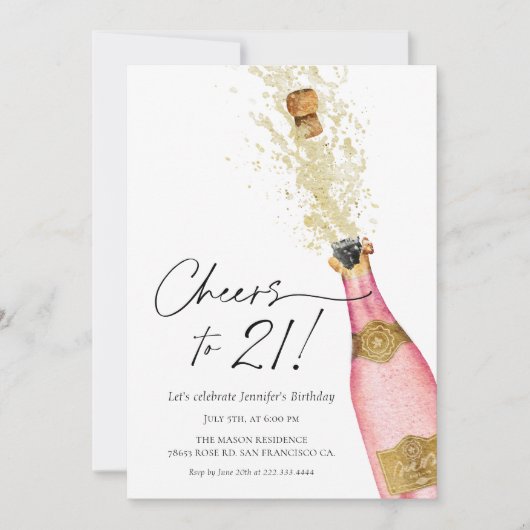 Cheers 21st Birthday Pink and Gold Photo Invitatio Kaart (Voorkant)