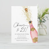 Cheers 21st Birthday Pink and Gold Photo Invitatio Kaart (Staand voorkant)