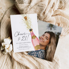 Cheers 21st Birthday Pink and Gold Photo Invitatio Kaart