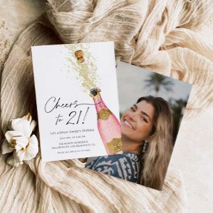 Cheers 21st Birthday Pink and Gold Photo Invitatio Kaart
