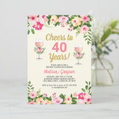 Cheers 40th Birthday Invitation Floral Kaart (Staand voorkant)