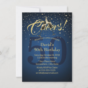 Cheers 50th Birthday Party Navy Blue Gold Glitter Kaart