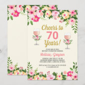 Cheers 70th Birthday Invitation Feminine Floral Kaart (Voorkant / Achterkant)