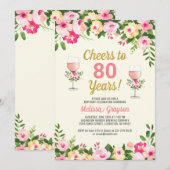 Cheers 80th Birthday Invitation Feminine Floral Kaart (Voorkant / Achterkant)