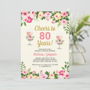 Cheers 80th Birthday Invitation Feminine Floral Kaart