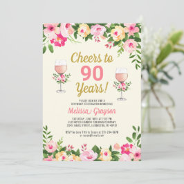 Cheers 90th Birthday Invitation Feminine Floral Kaart