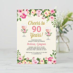Cheers 90th Birthday Invitation Feminine Floral Kaart