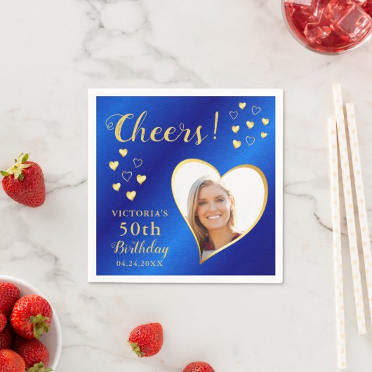 Cheers Aangepaste Foto Blauw en Goud 50ste Verjaar Servet (Insitu)