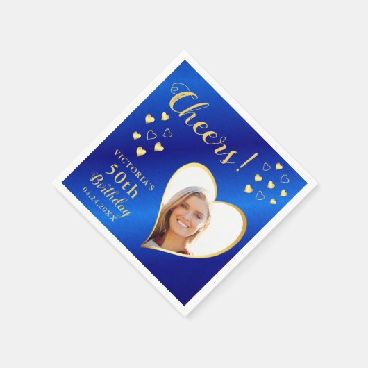 Cheers Aangepaste Foto Blauw en Goud 50ste Verjaar Servet (Hoek)
