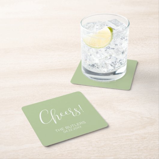 Cheers! Aangepaste Sage Groene Bruiloft Papier Ond Kartonnen Onderzetters (Insitu)