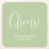 Cheers! Aangepaste Sage Groene Bruiloft Papier Ond Kartonnen Onderzetters (Voorkant)