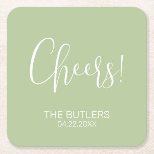 Cheers! Aangepaste Sage Groene Bruiloft Papier Ond Kartonnen Onderzetters