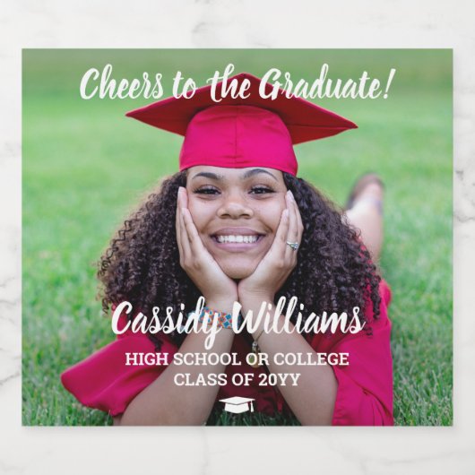 Cheers Afstuderen 1 Photo Elegant White Script Sparkling Wijnetiket (Enkel label)