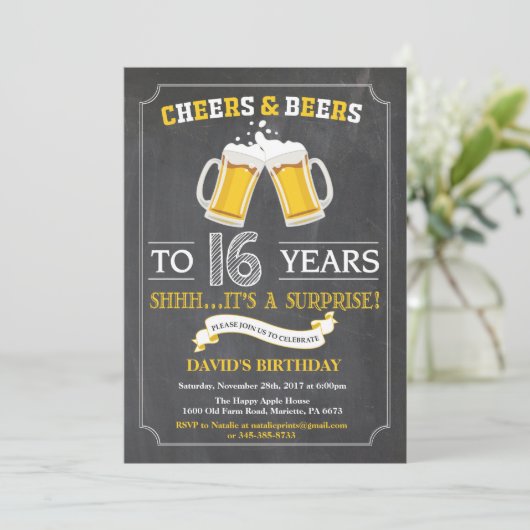 Cheers and Beers 16e Birthday Invitation Card Kaart (Staand voorkant)