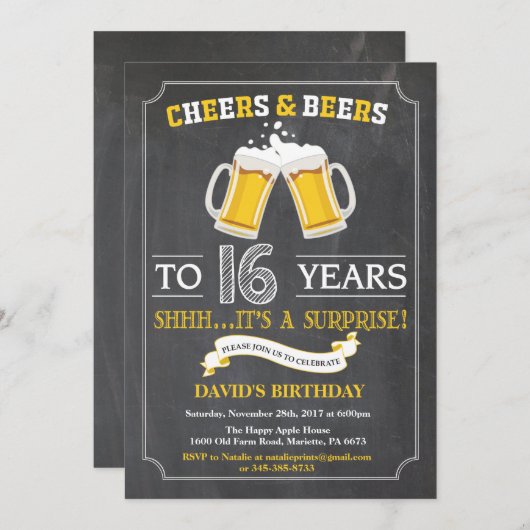 Cheers and Beers 16e Birthday Invitation Card Kaart (Voorkant / Achterkant)