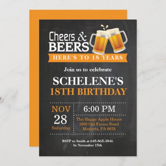 Cheers and Beers 18th Birthday Invitation Card Kaart (Voorkant / Achterkant)