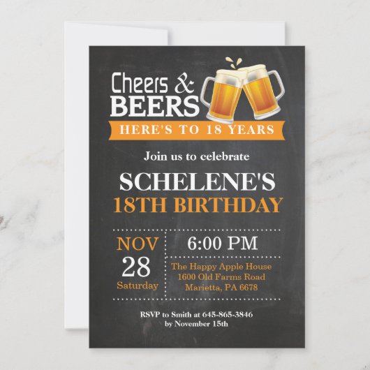 Cheers and Beers 18th Birthday Invitation Card Kaart (Voorkant)