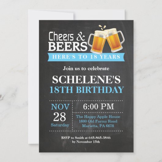 Cheers and Beers 18th Birthday Invitation Card Kaart (Voorkant)