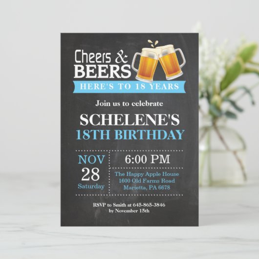 Cheers and Beers 18th Birthday Invitation Card Kaart (Staand voorkant)