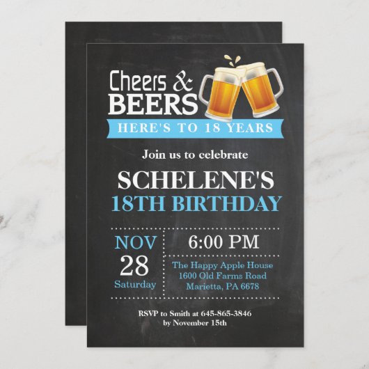 Cheers and Beers 18th Birthday Invitation Card Kaart (Voorkant / Achterkant)
