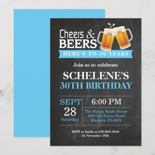 Cheers and Beers 30th Birthday Invitation Card Kaart (Voorkant / Achterkant)