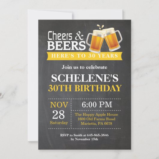 Cheers and Beers 30th Birthday Invitation Card Kaart (Voorkant)