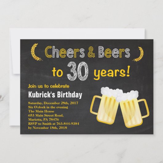 Cheers and Beers 30th Birthday Invitation Kaart (Voorkant)