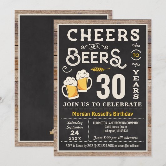 Cheers and Beers 30th Birthday Invitation Kaart (Voorkant / Achterkant)