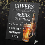 Cheers and Beers 30th birthday Pedestal Sign Reclamebord Met Voetstuk<br><div class="desc">Rustic Black Chalkboard watercolor beer bottle and pint glass. Rustic Outdoor or bar birthday decore for him. Any age. Easy to personalized template. All text can be adjusted using the design option. Fun,  simple,  casual birthday invites for him.</div>