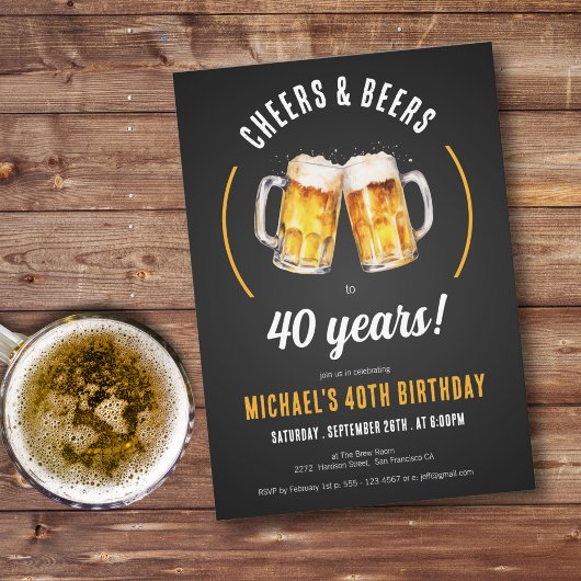 Cheers and Beers 40e Birthday Party Invitation Kaart