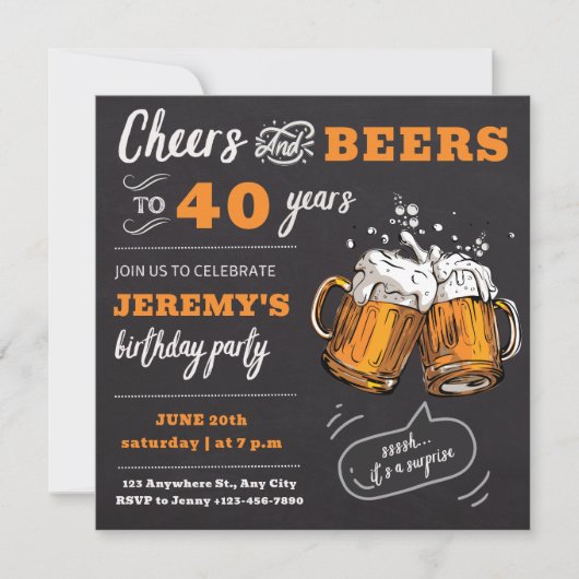 Cheers and Beers 40e Birthday Party Invitation Kaart (Voorkant)