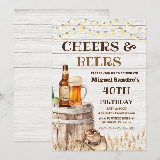 Cheers and Beers 40th Birthday Adult invitation  Kaart (Voorkant / Achterkant)